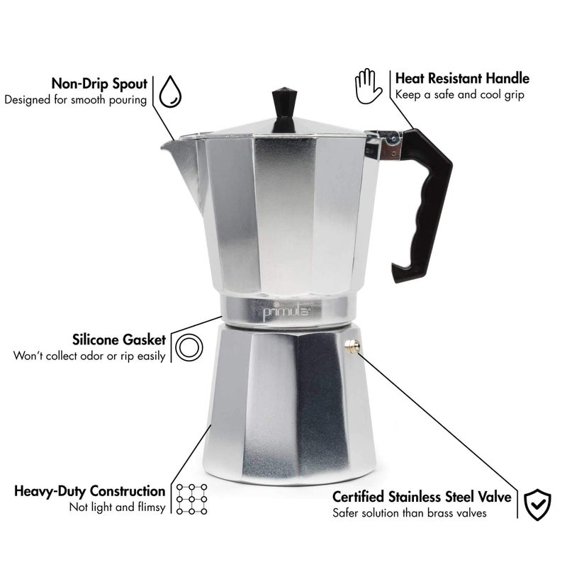 Primula Classic Stovetop Espresso and Coffee Maker, Moka Pot for Italian and Cuban CafÃ© Brewing, Greca Coffee Maker, Cafeteras, 9 Espresso Cups, Silver - Image 2